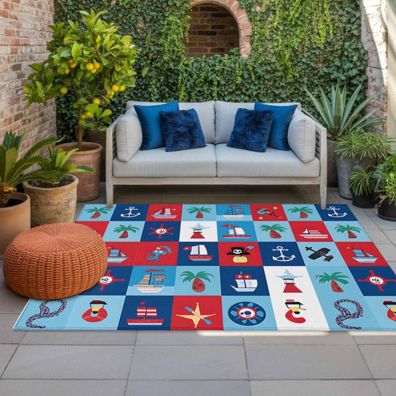 Outdoor Rug 3x5ft Cartoon Tree Ship Anchor Large Area Rug Lighthouse Indoor Outdoor Carpet Outdoor Rugs Mats for Patio Camping,RV,Front Door, Outside Decor