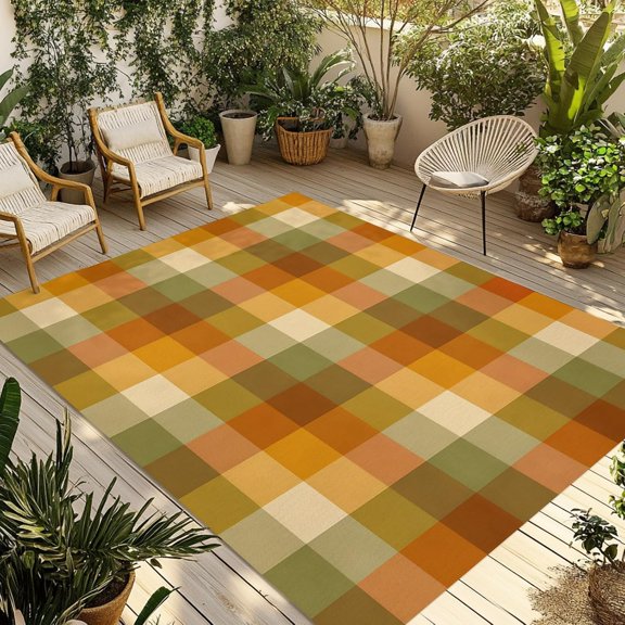 Outdoor Rug 3x5ft Fall Farmhouse Gingham Grid Indoor Area Rug Vintage Plaid Outside Mat for Picnic Porch Deck Balcony Backyard