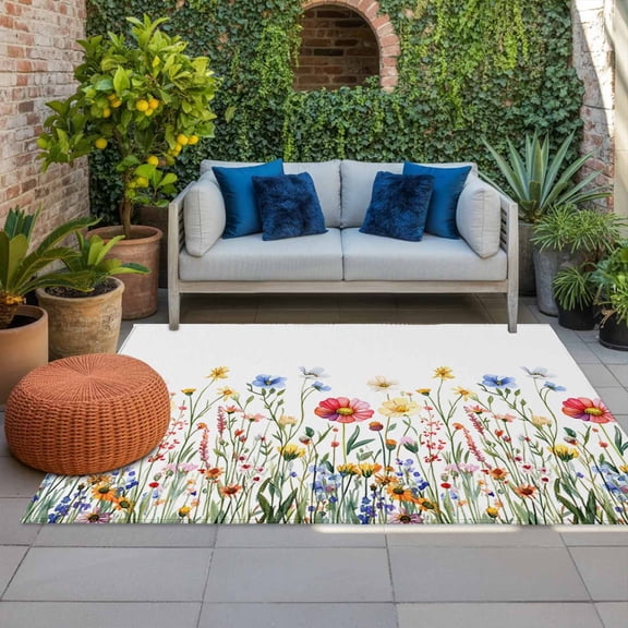 Outdoor Rug 3x5ft Flower Scenery Large Area Rug Watercolor Wildflower Indoor Outdoor Carpet Outdoor Rugs Mats for Patio Camping,RV,Front Door, Outside Decor