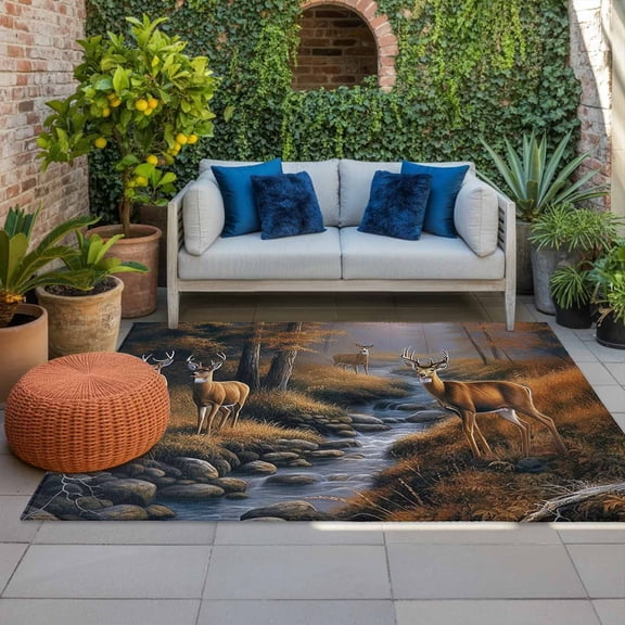 Outdoor Rug 3x5ft Forest River Large Area Rug Deer Indoor Outdoor Carpet Outdoor Rugs Mats for Patio Camping,RV,Front Door, Outside Decor