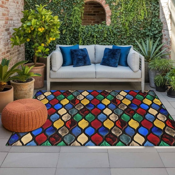 Outdoor Rug 3x5ft Geometric Moroccan Large Area Rug Colorful Glass Texture Indoor Outdoor Carpet Outdoor Rugs Mats for Patio Camping,RV,Front Door, Outside Decor