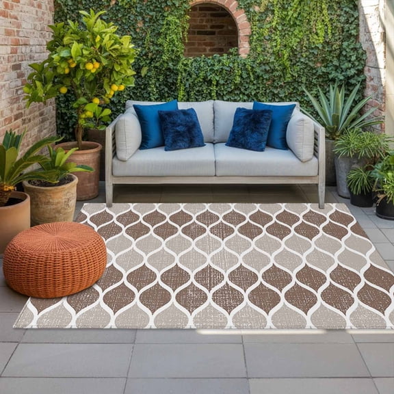 Outdoor Rug 3x5ft Geometric Moroccan Large Area Rug Moroccan Trellis Grey Brown Indoor Outdoor Carpet Outdoor Rugs Mats for Patio Camping,RV,Front Door, Outside Decor