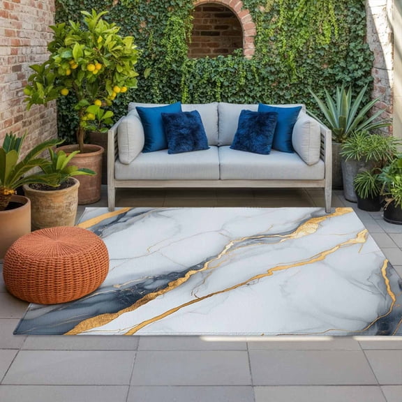Outdoor Rug 3x5ft Gold White Large Area Rug Marble Design Indoor Outdoor Carpet Outdoor Rugs Mats for Patio Camping,RV,Front Door, Outside Decor