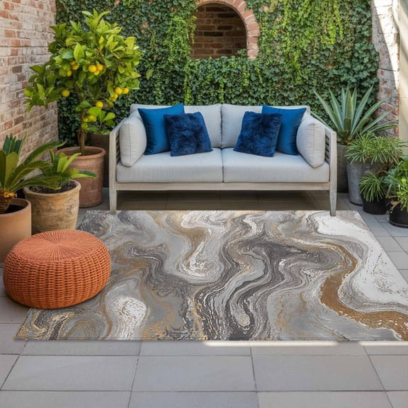 Outdoor Rug 3x5ft Gray Brown Wave Marble Texture Large Area Rug Abstract Art Indoor Outdoor Carpet Outdoor Rugs Mats for Patio Camping,RV,Front Door, Outside Decor