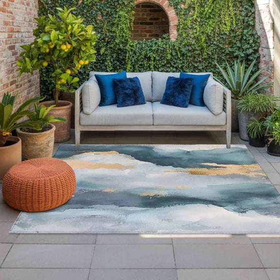 Outdoor Rug 3x5ft Grey Marble Large Area Rug Gold Cloud Indoor Outdoor Carpet Outdoor Rugs Mats for Patio Camping,RV,Front Door, Outside Decor