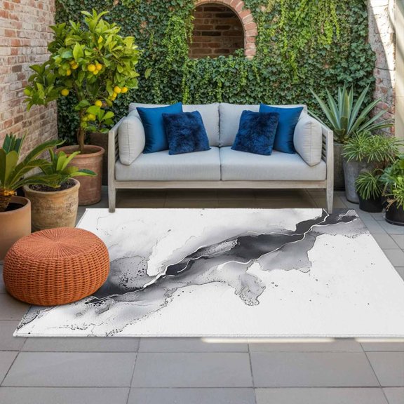 Outdoor Rug 3x5ft Grey White Marble Large Area Rug Waves Abstract Art Indoor Outdoor Carpet Outdoor Rugs Mats for Patio Camping,RV,Front Door, Outside Decor