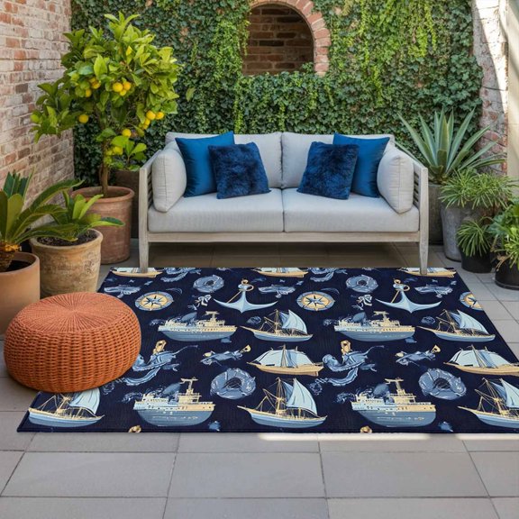 Outdoor Rug 3x5ft Nautical Ship Anchor Large Area Rug Cartoon Art Indoor Outdoor Carpet Outdoor Rugs Mats for Patio Camping,RV,Front Door, Outside Decor