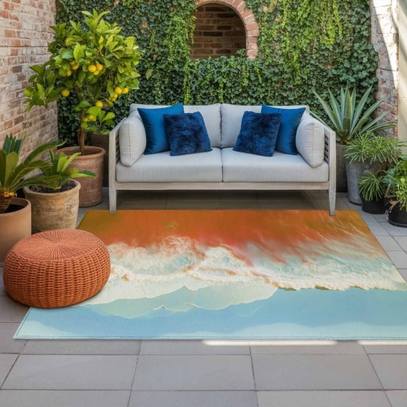 Outdoor Rug 3x5ft Ocean Beach Large Area Rug Wave Sand Orange Indoor Outdoor Carpet Outdoor Rugs Mats for Patio Camping,RV,Front Door, Outside Decor