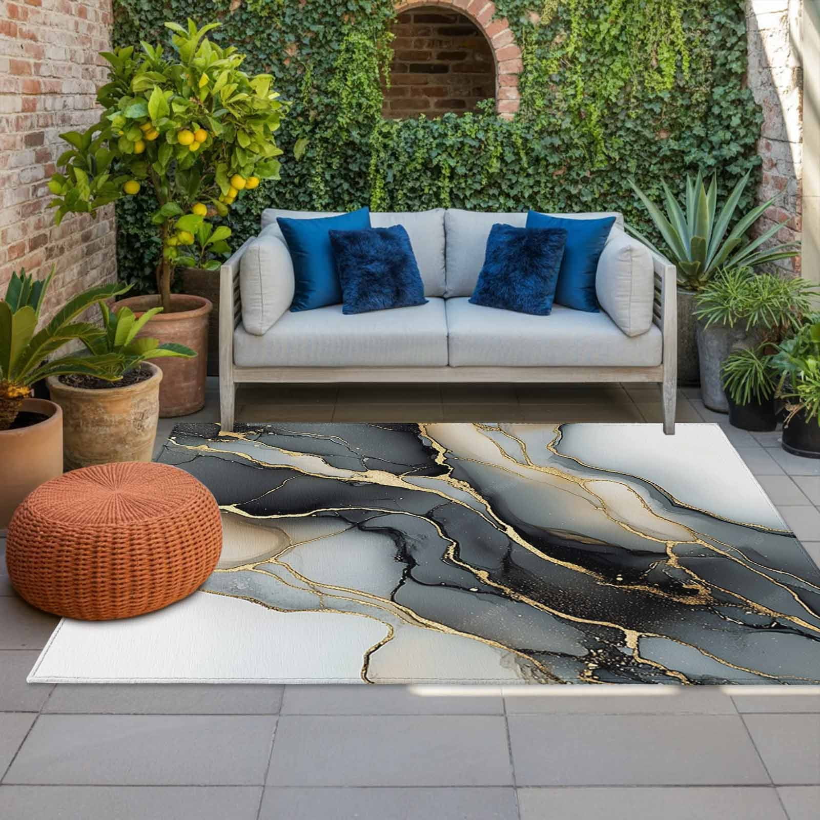 Outdoor Rug 3x5ft Ombre Black White Marble Large Area Rug Modern Art Indoor Outdoor Carpet Outdoor Rugs Mats for Patio Camping,RV,Front Door, Outside Decor