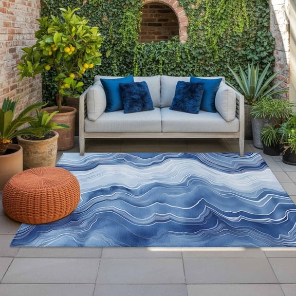 Outdoor Rug 3x5ft Ombre Blue White Wave Marble Texture Large Area Rug Abstract Art Indoor Outdoor Carpet Outdoor Rugs Mats for Patio Camping,RV,Front Door, Outside Decor