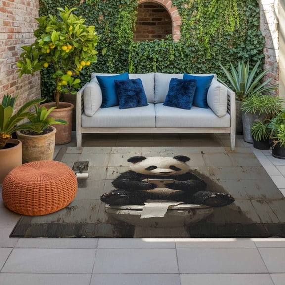 Outdoor Rug 3x5ft Panda Sits on The Toilet Large Area Rug Funny Panda Indoor Outdoor Carpet Outdoor Rugs Mats for Patio Camping,RV,Front Door, Outside Decor