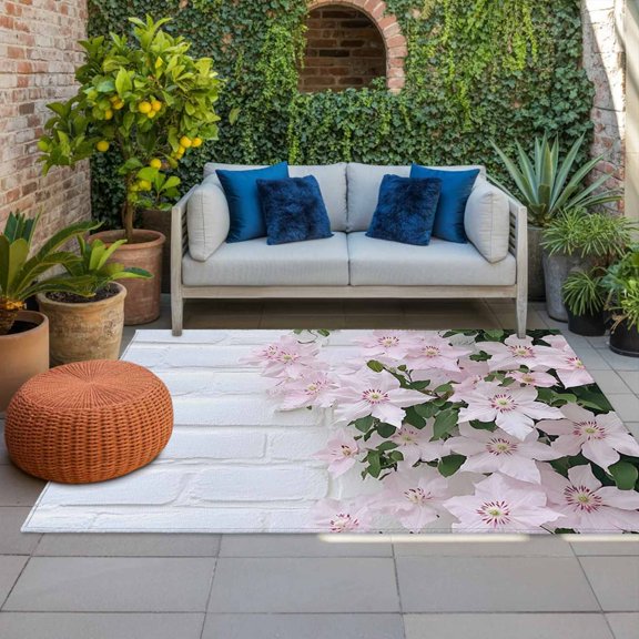 Outdoor Rug 3x5ft Pink White Flowers Large Area Rug Brick Wall Grain Indoor Outdoor Carpet Outdoor Rugs Mats for Patio Camping,RV,Front Door, Outside Decor
