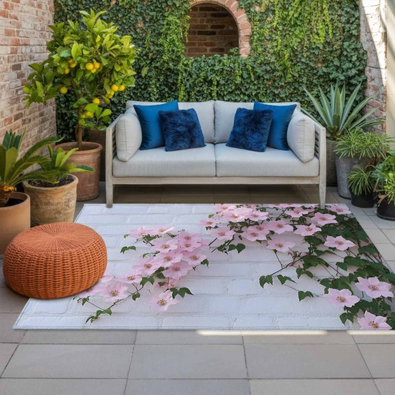 Outdoor Rug 3x5ft Pink White Flowers Large Area Rug Wall Grain Indoor Outdoor Carpet Outdoor Rugs Mats for Patio Camping,RV,Front Door, Outside Decor
