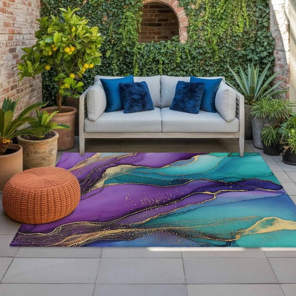 Outdoor Rug 3x5ft Purple Blue Marble Texture Large Area Rug Waves Abstract Indoor Outdoor Carpet Outdoor Rugs Mats for Patio Camping,RV,Front Door, Outside Decor