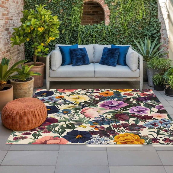 Outdoor Rug 3x5ft Purple Pink Flowers Leaf Large Area Rug Vintage Floral Indoor Outdoor Carpet Outdoor Rugs Mats for Patio Camping,RV,Front Door, Outside Decor