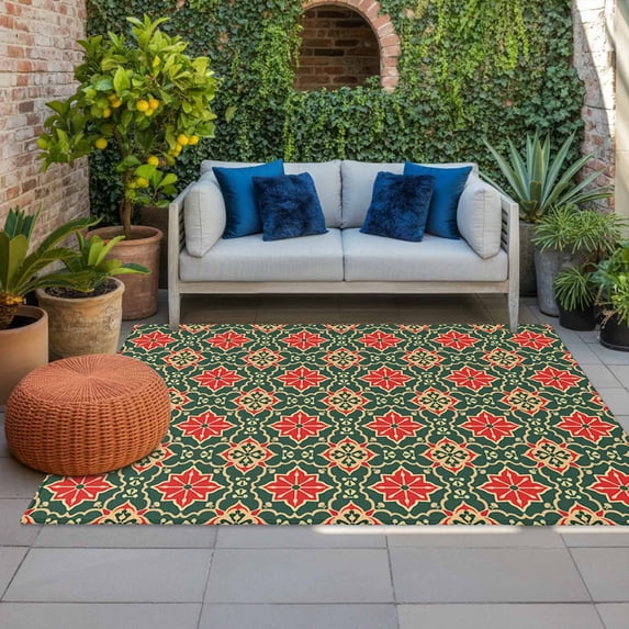 Outdoor Rug 3x5ft Retro Kaleidoscope Large Area Rug Red Argyle Pattern Indoor Outdoor Carpet Outdoor Rugs Mats for Patio Camping,RV,Front Door, Outside Decor