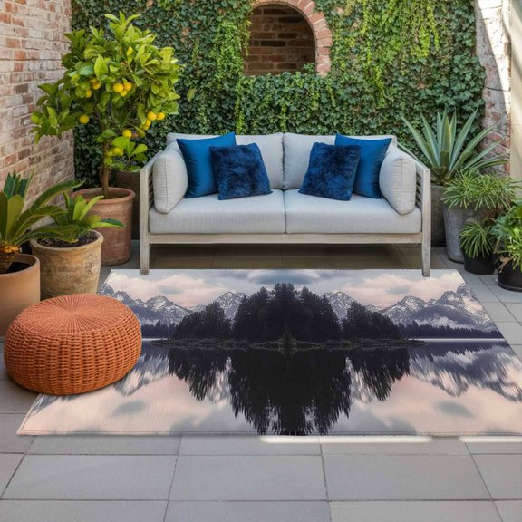 Outdoor Rug 3x5ft Snow Mountain Lake Large Area Rug Forest Cloud Indoor Outdoor Carpet Outdoor Rugs Mats for Patio Camping,RV,Front Door, Outside Decor