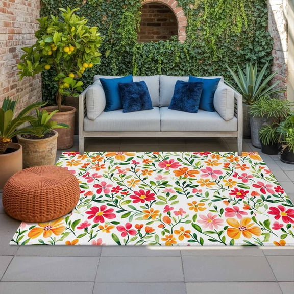 Outdoor Rug 3x5ft Spring Garden Flower Large Area Rug Watercolor Flower Indoor Outdoor Carpet Outdoor Rugs Mats for Patio Camping,RV,Front Door, Outside Decor