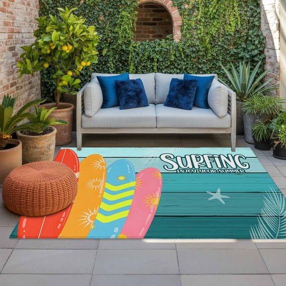 Outdoor Rug 3x5ft Sufboard Summer Surfing Large Area Rug Blue Wood Grain Starfish Indoor Outdoor Carpet Outdoor Rugs Mats for Patio Camping,RV,Front Door, Outside Decor