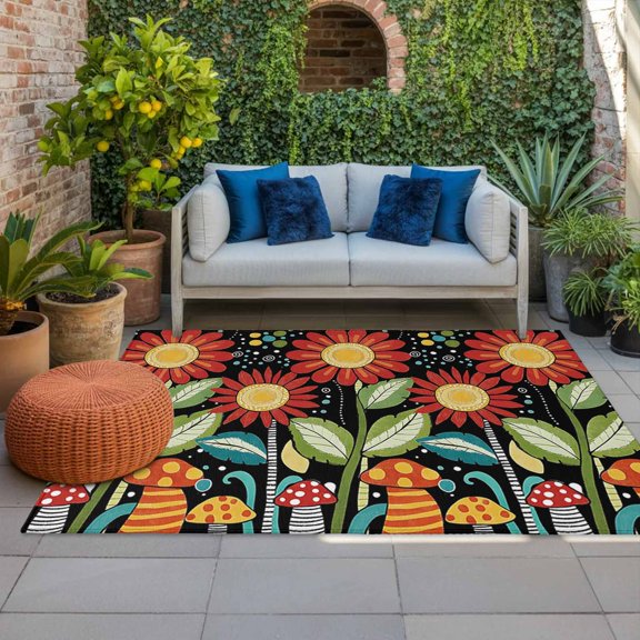 Outdoor Rug 3x5ft Sunflower Mushroom Large Area Rug Watercolor Leaves Indoor Outdoor Carpet Outdoor Rugs Mats for Patio Camping,RV,Front Door, Outside Decor