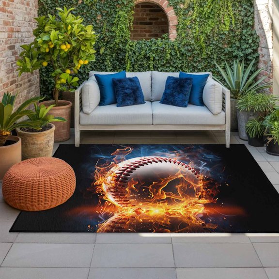 Outdoor Rug 3x5ft Technological Baseball Style Large Area Rug Blaze Fire Flame Indoor Outdoor Carpet Outdoor Rugs Mats for Patio Camping,RV,Front Door, Outside Decor