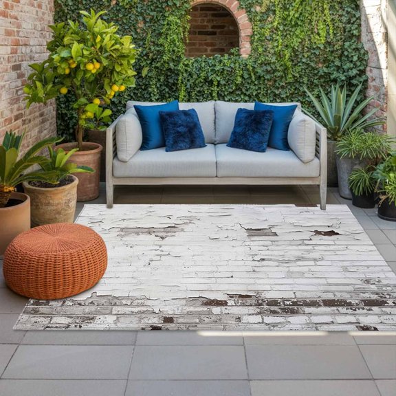 Outdoor Rug 3x5ft Vintage Brick Wall Large Area Rug White Gray Indoor Outdoor Carpet Outdoor Rugs Mats for Patio Camping,RV,Front Door, Outside Decor