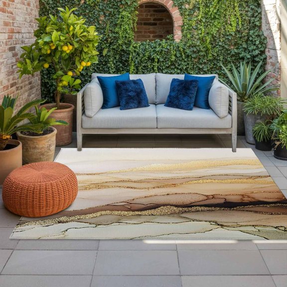 Outdoor Rug 3x5ft Yellow Brown Marble Texture Large Area Rug Waves Abstract Indoor Outdoor Carpet Outdoor Rugs Mats for Patio Camping,RV,Front Door, Outside Decor