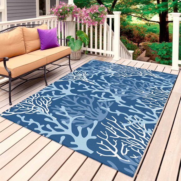Outdoor Rug 4' x 6', Navy Blue Coral Coastal Large Carpet Area Rugs for Patio, RV, Deck, Ocean Nautical Seaside Beach Water Absorption Camping Rug, Lightweight Washable Rugs Runner