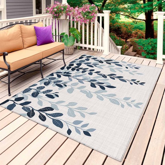 Outdoor Rug 4' x 6', Navy Blue Ombre Botanical Large Carpet Area Rugs for Patio, RV, Deck, Watercolor Pastoral Leaf Rustic Water Absorption Camping Rug, Lightweight Washable Rugs Runner