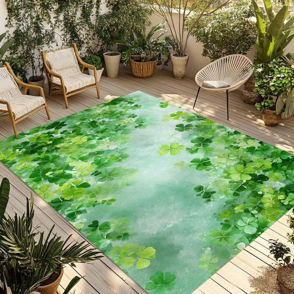 Outdoor Rug 4'' x 6'', St. Patrick''s Day Large Area Rugs for Patio/RV/Deck/Porch/Indoors, Spring Botanical Green Leaves Clovers Water Absorption Camping Rug Carpet, Lightweight Washable Rug Runners