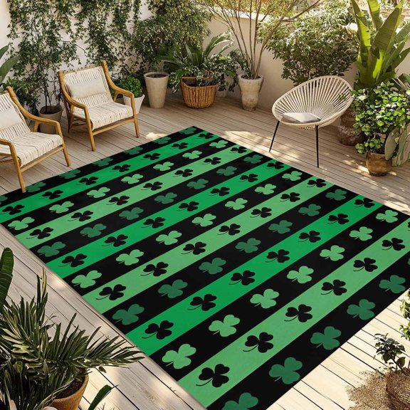 Outdoor Rug 4'' x 6'', St. Patrick''s Day Large Area Rugs for Patio/RV/Deck/Porch/Indoors, Spring Green Lucky Clovers Shamrock Water Absorption Camping Rug Carpet, Lightweight Washable Rug Runners