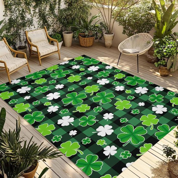 Outdoor Rug 4'' x 6'', St Patricks Day Large Area Rugs for Patio/RV/Deck/Porch/Indoors, Spring Country Green Shamrock Plaid Water Absorption Camping Rug Carpet, Lightweight Washable Rug Runners