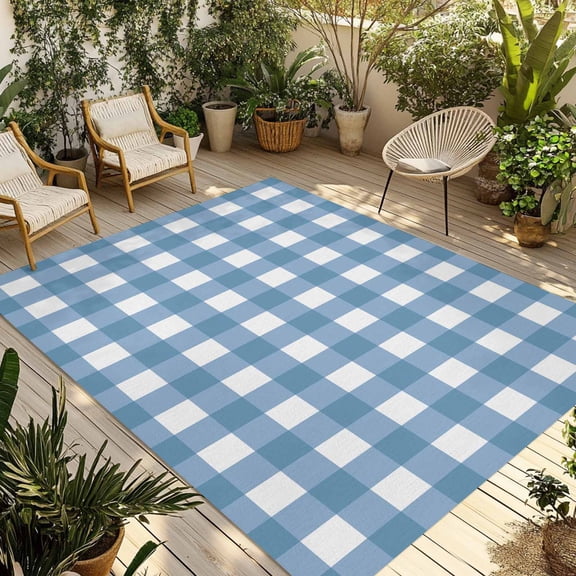Outdoor Rug 4x6 Feet, Blue White Plaid Entryway Rugs Floor Mats, Washable Runner Rug Non Slip, Gradient Geometric Buffalo Checkered Indoor Outside Rugs for Patios/Porch/Camping