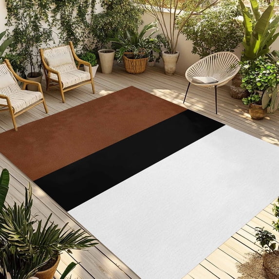Outdoor Rug 4x6 Feet, Brown Black White Boho Entryway Rugs Floor Mats, Washable Runner Rug Non Slip, Modern Striped Art Indoor Outside Rugs for Patios/Porch/Camping