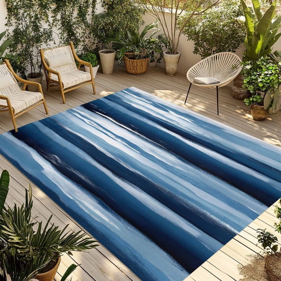 Outdoor Rug 4x6 Feet, Navy Blue Ombre Entryway Rugs Floor Mats, Washable Runner Rug Non Slip, Modern Oil Painting Waves Abstract Indoor Outside Rugs for Patios/Porch/Camping