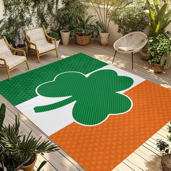 Outdoor Rug 4x6 Ft, St. Patrick''s Day Area Rug Runners for Hallways Non Slip, Entryway Rugs, Irish Flag Green Lucky Shamrock Washable Indoor Outdoor Rugs for Patios/Porch/Deck