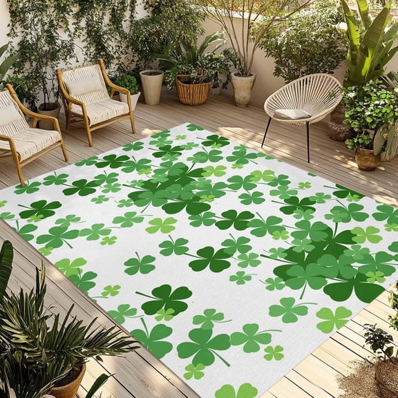Outdoor Rug 4x6 Ft, St. Patrick''s Day Area Rug Runners for Hallways Non Slip, Entryway Rugs, Spring Green Lucky Four-Leaf Grass Washable Indoor Outdoor Rugs for Patios/Porch/Deck