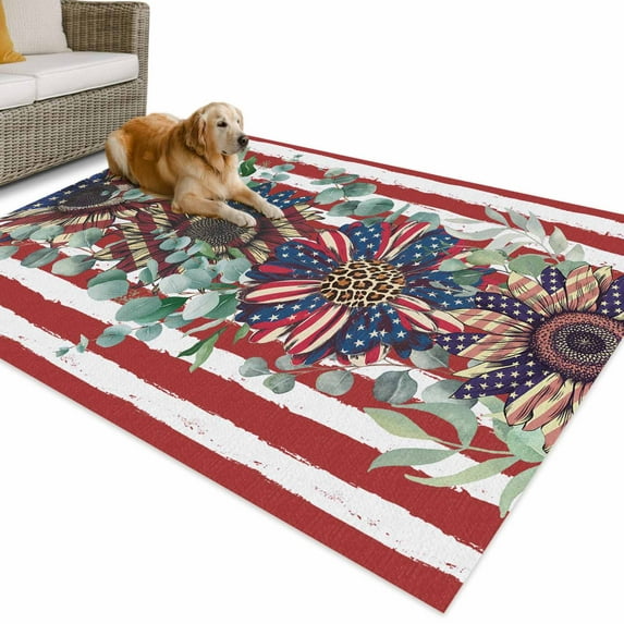 Outdoor Rug 4x6 ft 4th of July Waterproof Outdoor Patio Rug Mat Non Slip Outside Area Carpet for RV,Camping,Porch,Deck,Pool,Balconybackyard,Patriotic Sunflower Floral Eucalyptus Leaf Red Striped