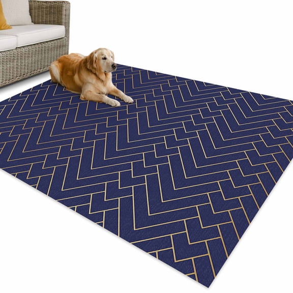 Outdoor Rug 4x6 ft Abstract Geometric Waterproof Outdoor Patio Rug Mat Non Slip Outside Area Rugs Carpet for RV,Camping,Porch,Deck,Pool,Balconybackyard,Navy Blue Gold Minimalist Herringbone Pattern
