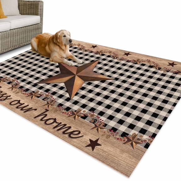 Outdoor Rug 4x6 ft Barn Stars Berry Waterproof Outdoor Patio Rug Mat Non Slip Outside Area Rugs Carpet for RV,Camping,Porch,Deck,Pool,Balcony,Backyard, Farmhouses Rustic Wood Black Plaid