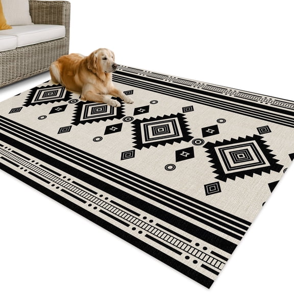 Outdoor Rug 4x6 ft Beige Bohemian Waterproof Outdoor Patio Rug Mat Non Slip Outside Area Rugs Carpet for RV,Camping,Porch,Deck,Pool,Balcony,Backyard, Boho Rhombus Lines Stripes