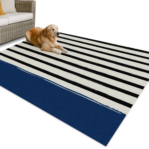 Outdoor Rug 4x6 ft Black Stripes Waterproof Outdoor Patio Rug Mat Non Slip Outside Area Rugs Carpet for RV,Camping,Porch,Deck,Pool,Balcony,Backyard, Navy Blue Striped Lines