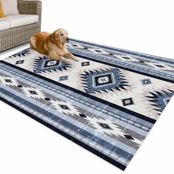 Outdoor Rug 4x6 ft Blue Boho Aztec Waterproof Outdoor Patio Rug Mat Non Slip Outside Area Rugs Carpet for RV,Camping,Porch,Deck,Pool,Balcony,Backyard, Southwest Tribal Geometric