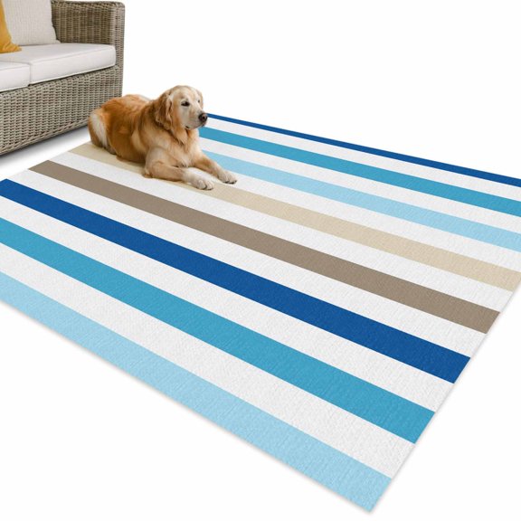 Outdoor Rug 4x6 ft Blue Brown Stripes Waterproof Outdoor Patio Rug Mat Non Slip Outside Area Rugs Carpet for RV,Camping,Porch,Deck,Pool,Balcony,Backyard, White Classic Striped