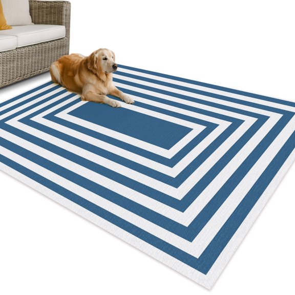 Outdoor Rug 4x6 ft Blue Concentric Squares Waterproof Outdoor Patio Rug Mat Non Slip Outside Area Rugs Carpet for RV,Camping,Porch,Deck,Pool,Balcony,Backyard, Geometric Lines Border