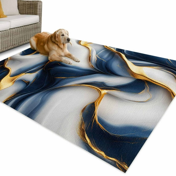 Outdoor Rug 4x6 ft Blue Gold Abstract Marble Texture Waterproof Outdoor Patio Rug Mat Non Slip Outside Area Rugs Carpet for RV,Camping,Porch,Deck,Pool,Balconybackyard,Modern Fluid Art Line