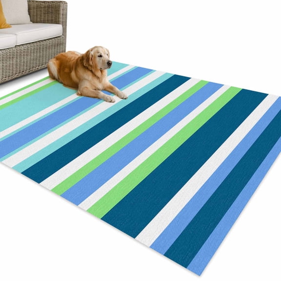 Outdoor Rug 4x6 ft Blue Green Stripes Waterproof Outdoor Patio Rug Mat Non Slip Outside Area Rugs Carpet for RV,Camping,Porch,Deck,Pool,Balcony,Backyard, Vertical Striped Lines