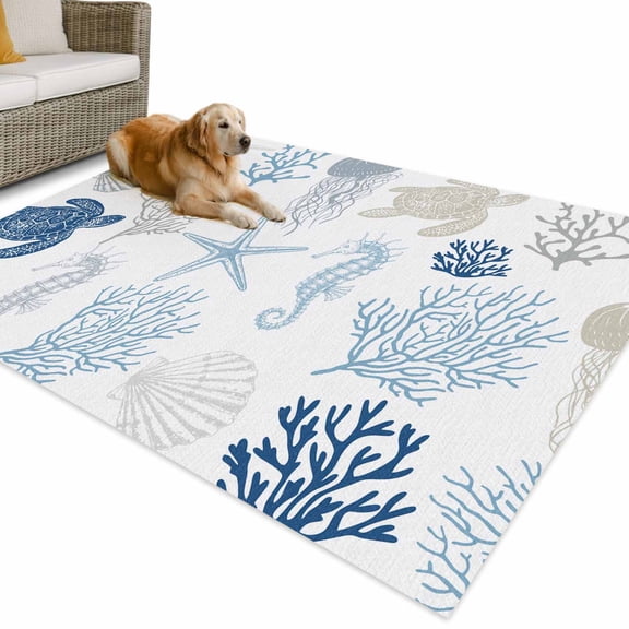 Outdoor Rug 4x6 ft Blue Grey Coastal Waterproof Outdoor Patio Rug Mat Non Slip Outside Area Rugs Carpet for RV,Camping,Porch,Deck,Pool,Balconybackyard,Ocean Animals Pattern