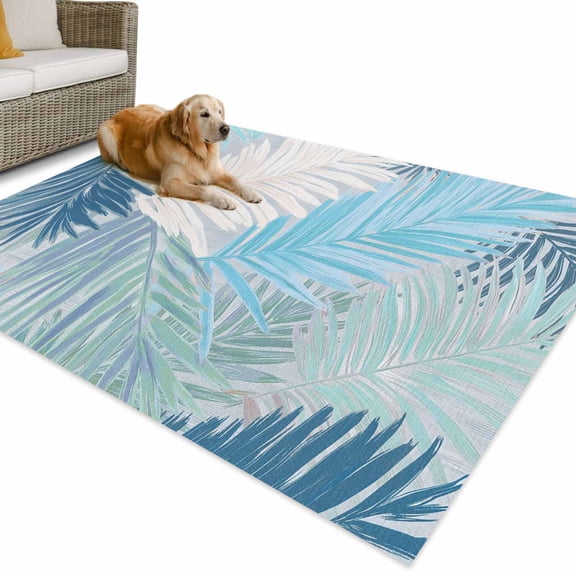 Outdoor Rug 4x6 ft Blue Palm Leaves Waterproof Outdoor Patio Rug Mat Non Slip Outside Area Rugs Carpet for RV,Camping,Porch,Deck,Pool,Balcony,Backyard, Tropical Leaf Plant