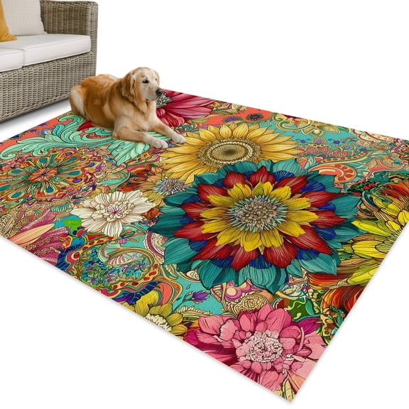 Outdoor Rug 4x6 ft Boho Paisley Swirls Waterproof Outdoor Patio Rug Mat Non Slip Outside Area Rugs Carpet for RV,Camping,Porch,Deck,Pool,Balcony,Backyard, Vibrant Bohemian Sunflowers